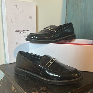 Leandra Medine x Mango Black Patent Leather Loafers w/ Chain